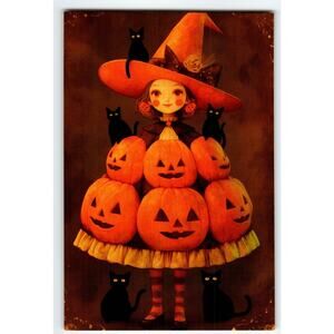Halloween Witch Girl with Jack-O'-Lantern Dress & Black Cats Postcard